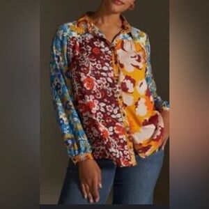Anthropologie Maeve Colorful Floral Button Down Shirt oversized xs